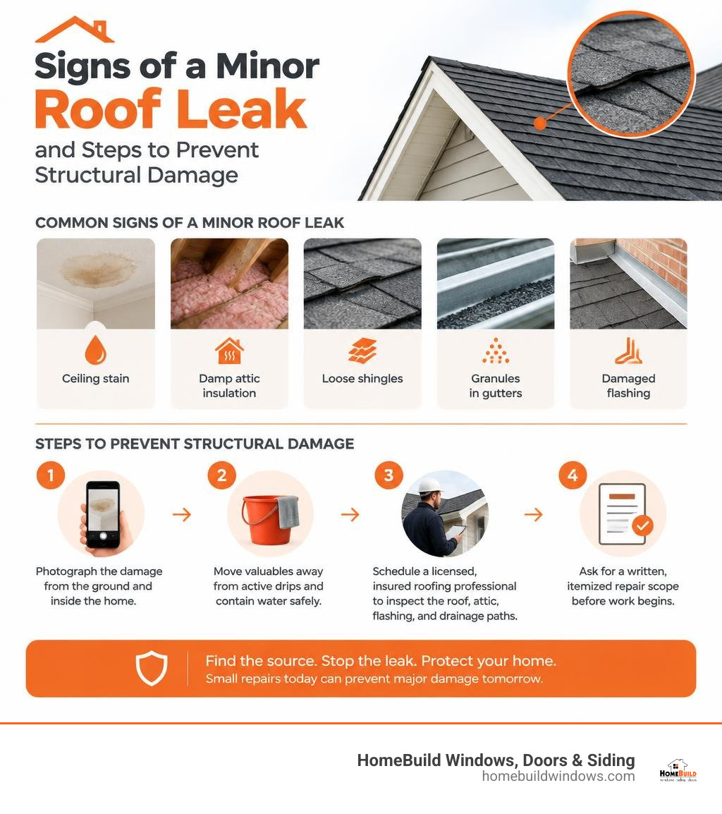 Infographic: signs of a minor roof leak and steps to prevent structural damage infographic