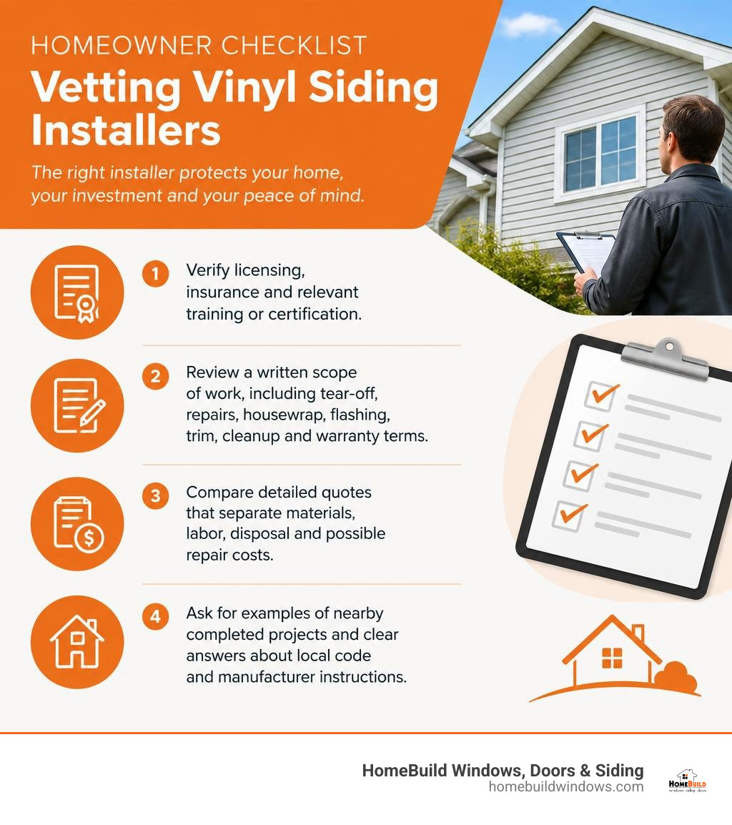Infographic showing homeowner checklist for vetting vinyl siding installers infographic
