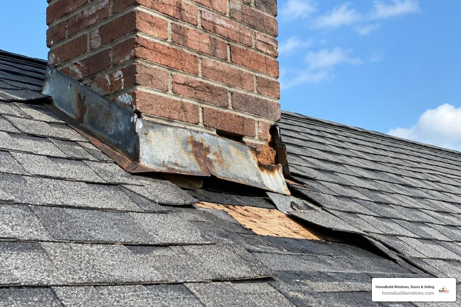 Damaged flashing along a chimney next to missing asphalt shingles