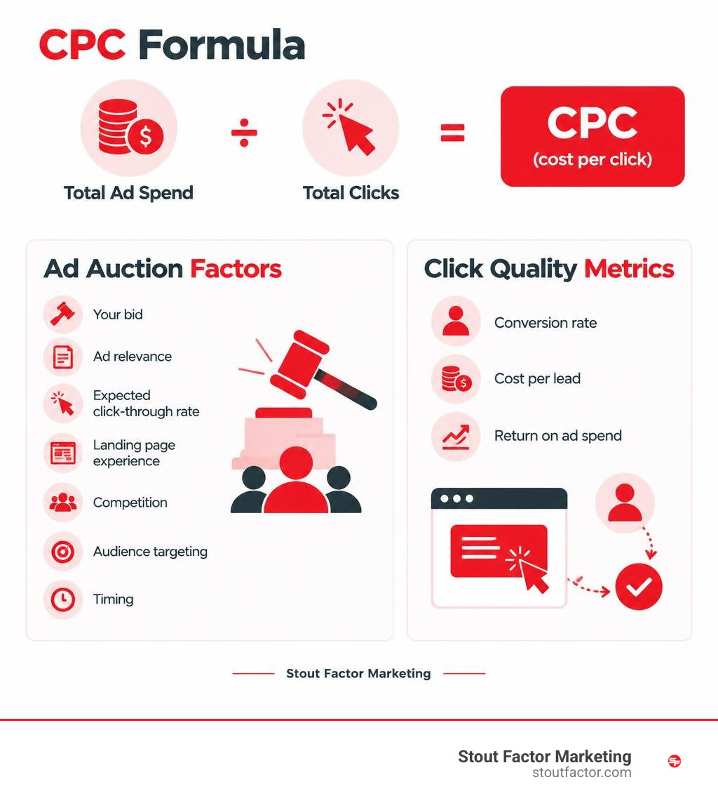Infographic showing CPC formula, ad auction factors, and click quality metrics infographic