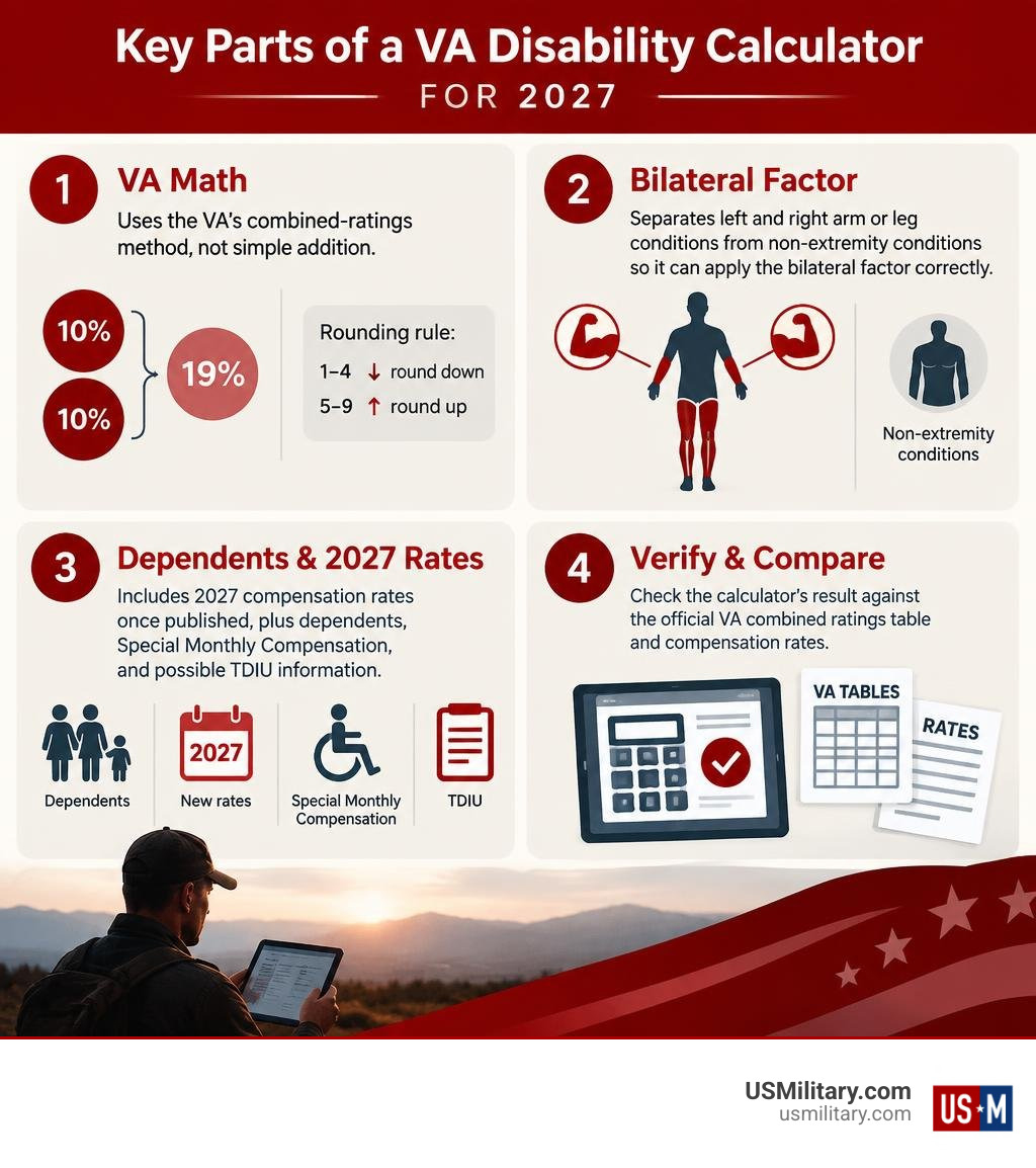 Infographic showing VA math, bilateral factor, dependents, and 2027 rate verification infographic