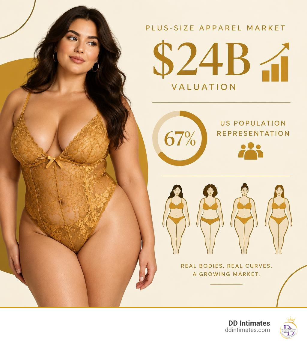 Plus-size apparel market stats: $24B valuation, 67 percent US population representation infographic