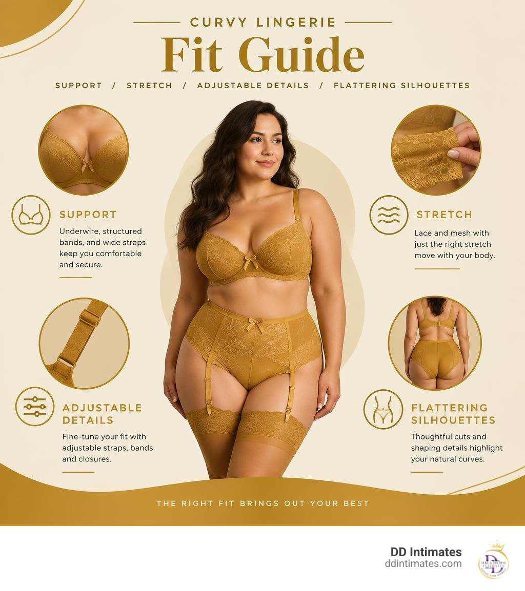 Curvy lingerie fit guide: support, stretch, adjustable details, and flattering silhouettes infographic