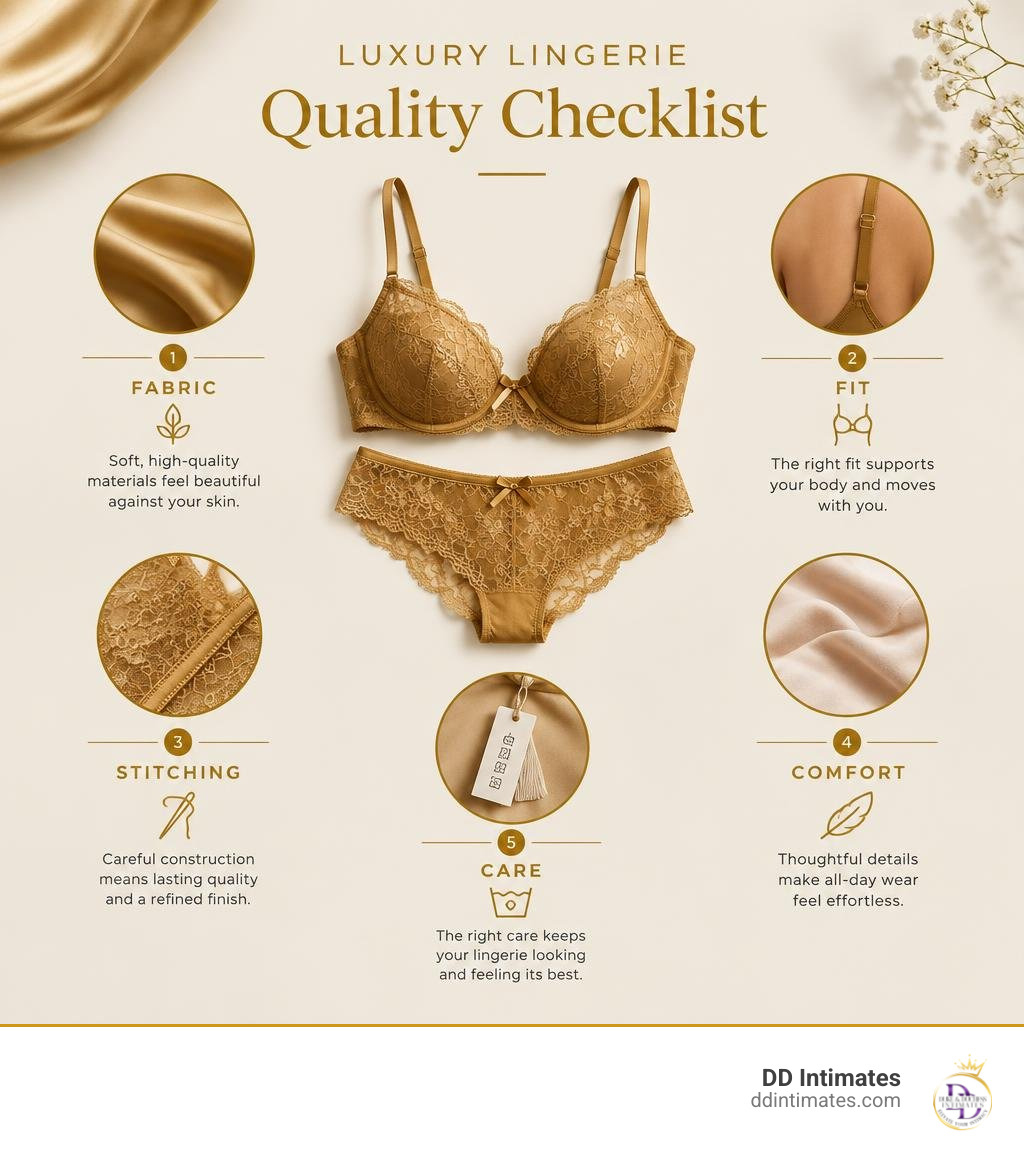 Luxury lingerie quality checklist: fabric, fit, stitching, comfort, and care infographic