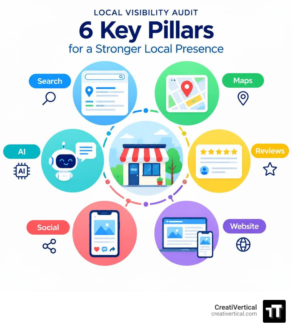 local visibility audit pillars for search maps reviews website social and AI infographic local visibility audit pillars for search maps reviews website social and AI infographic