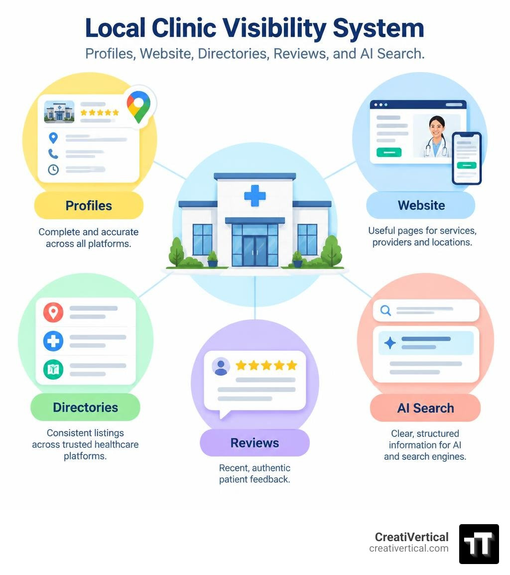 Local clinic visibility system: profiles, website, directories, reviews, and AI search infographic