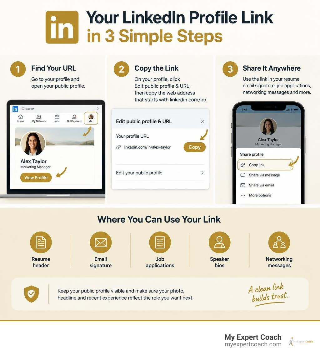 Infographic showing LinkedIn URL location, copy step, and sharing uses infographic Infographic showing LinkedIn URL location, copy step, and sharing uses infographic