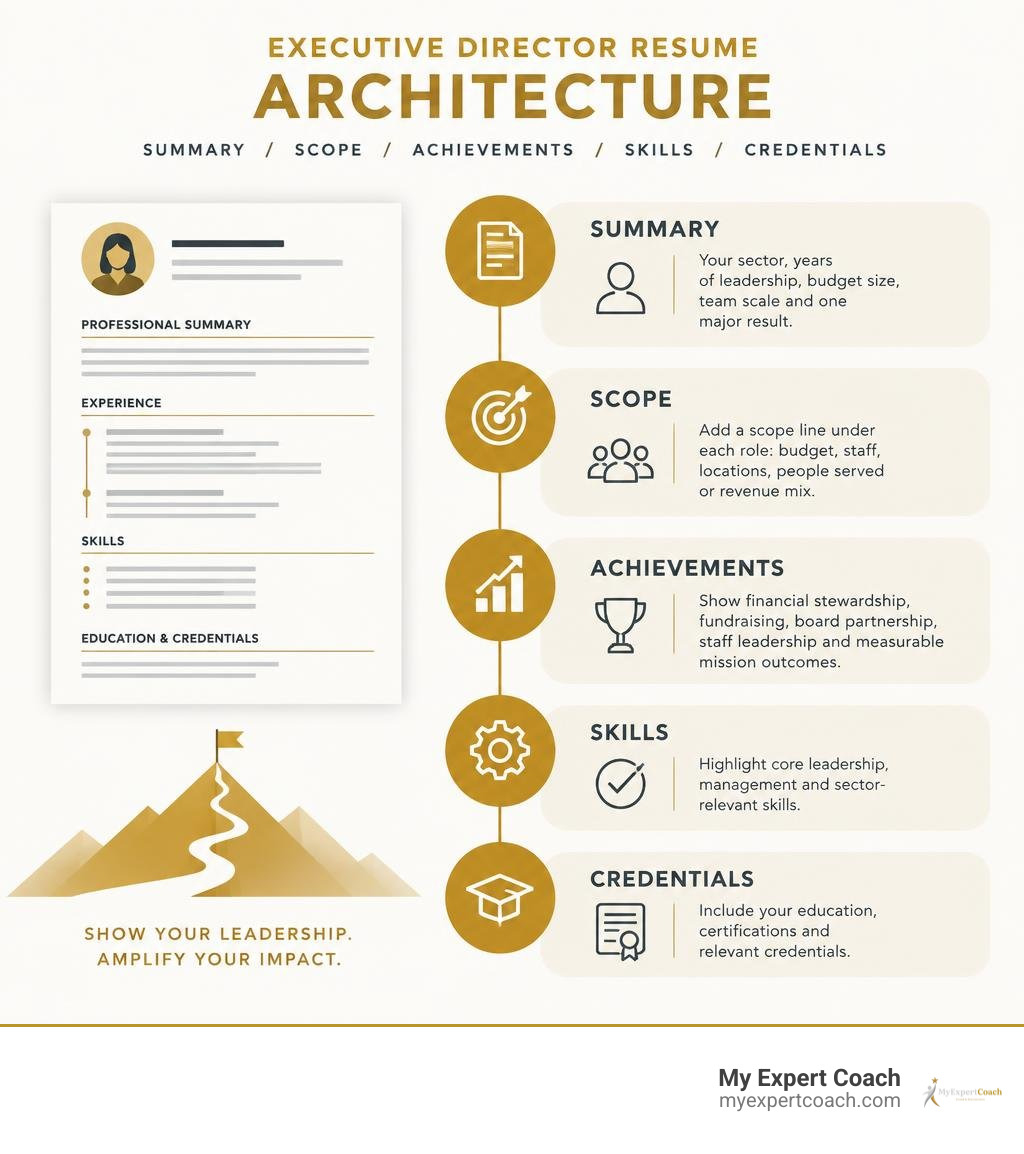 Executive director resume architecture: summary, scope, achievements, skills, credentials infographic Executive director resume architecture: summary, scope, achievements, skills, credentials infographic