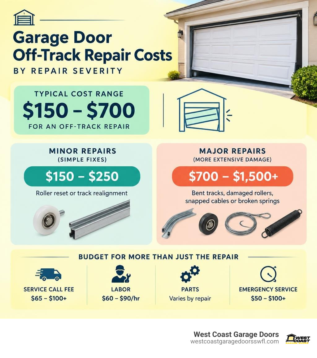 Infographic showing off-track garage door repair costs by repair severity infographic