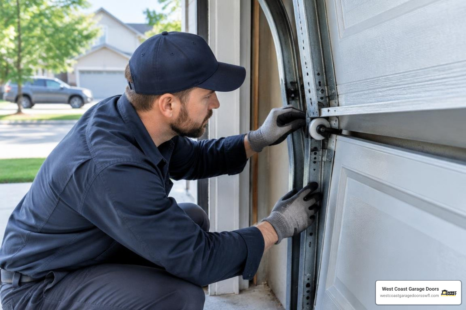 Technician examining heavy duty garage door hardware and track alignment