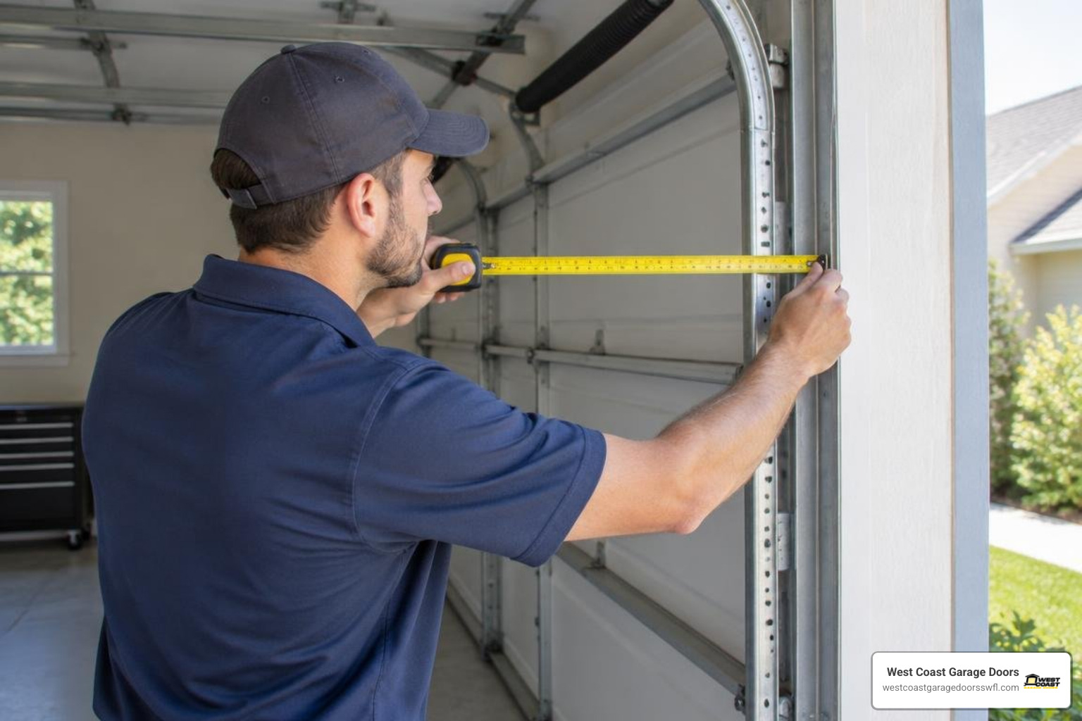 Technician measuring track spacing and garage door frame alignment