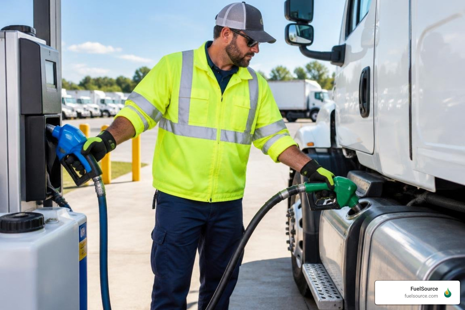 Technician dispensing ultra-low sulfur diesel and DEF into commercial vehicle