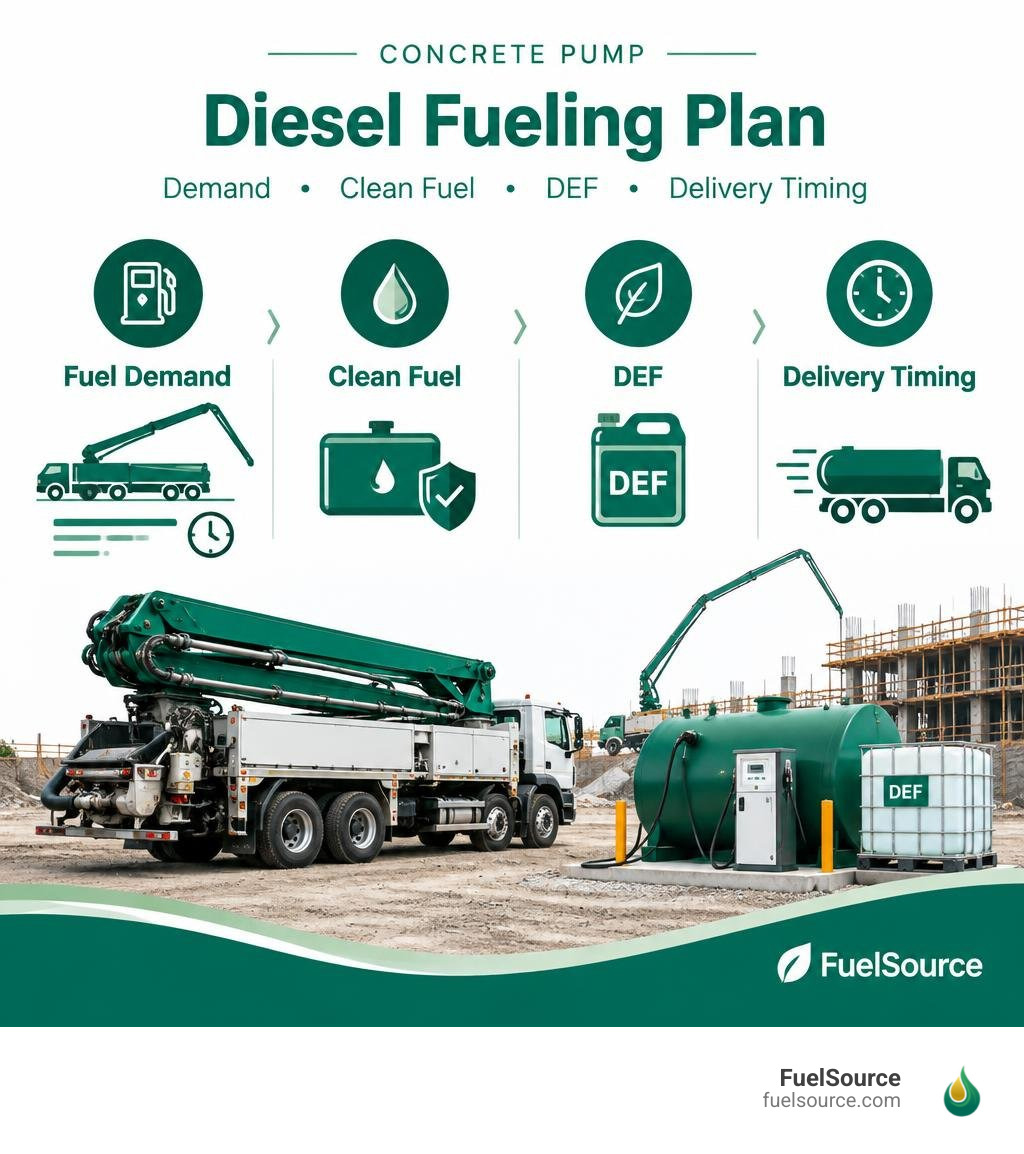 Concrete pump diesel fueling plan: demand, clean fuel, DEF, delivery timing infographic Concrete pump diesel fueling plan: demand, clean fuel, DEF, delivery timing infographic