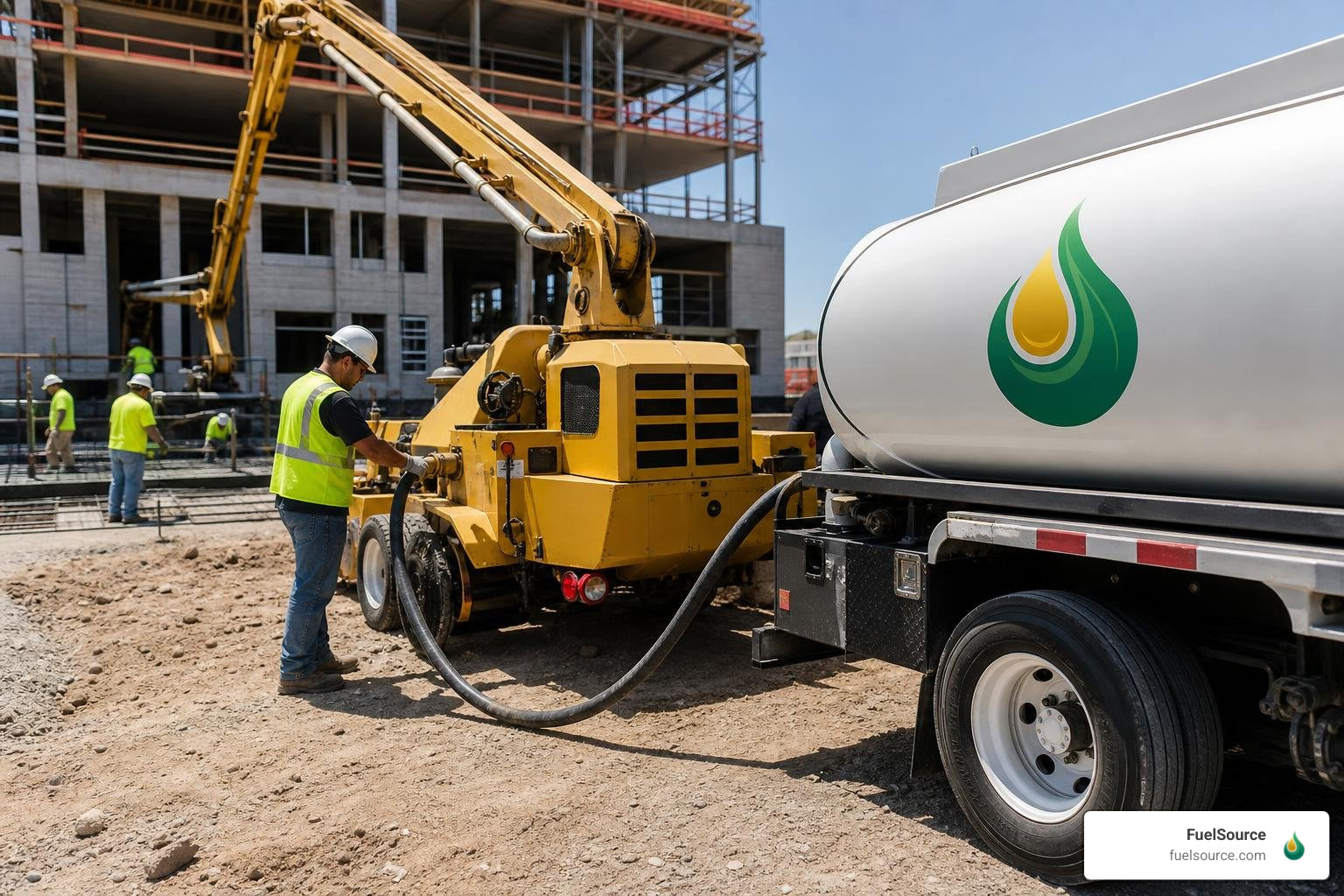 mobile fuel truck refueling a stationary concrete pump on a commercial site mobile fuel truck refueling a stationary concrete pump on a commercial site
