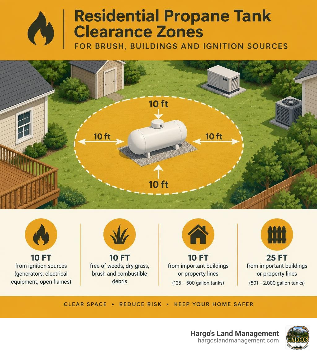 Residential propane tank clearance zones for brush buildings and ignition sources infographic Residential propane tank clearance zones for brush buildings and ignition sources infographic