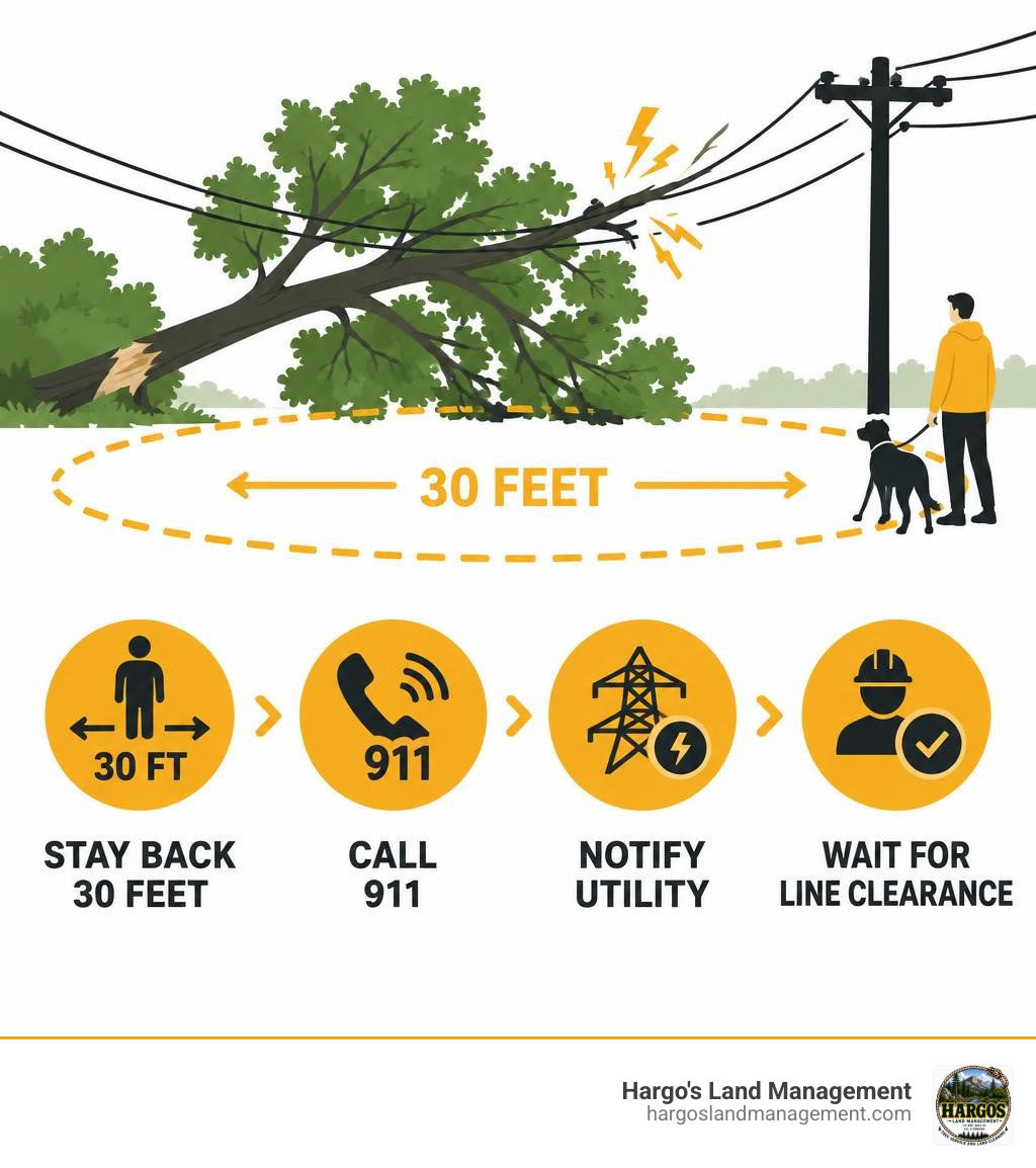 Infographic showing stay back 30 feet call 911 notify utility and wait for line clearance infographic Infographic showing stay back 30 feet call 911 notify utility and wait for line clearance infographic