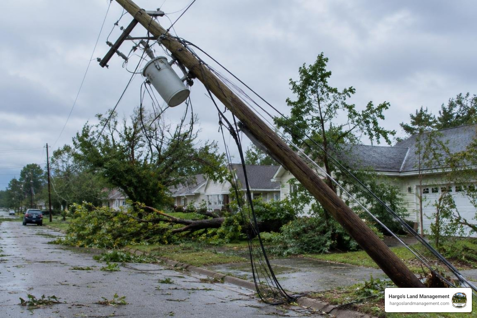 Utility poles snapped under the weight of storm debris and downed lines Utility poles snapped under the weight of storm debris and downed lines