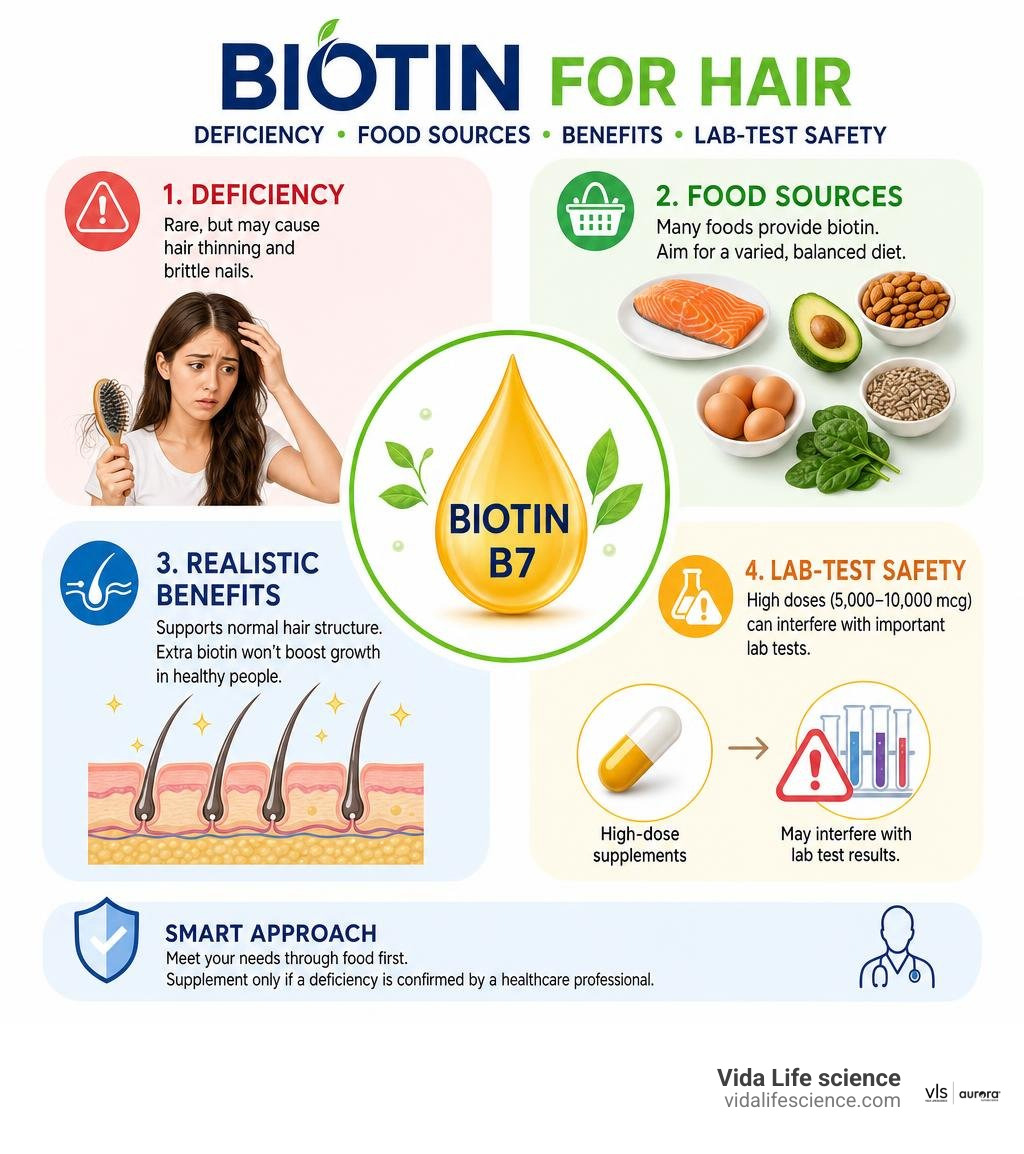 Biotin for hair: deficiency, food sources, realistic benefits, and lab-test safety infographic
