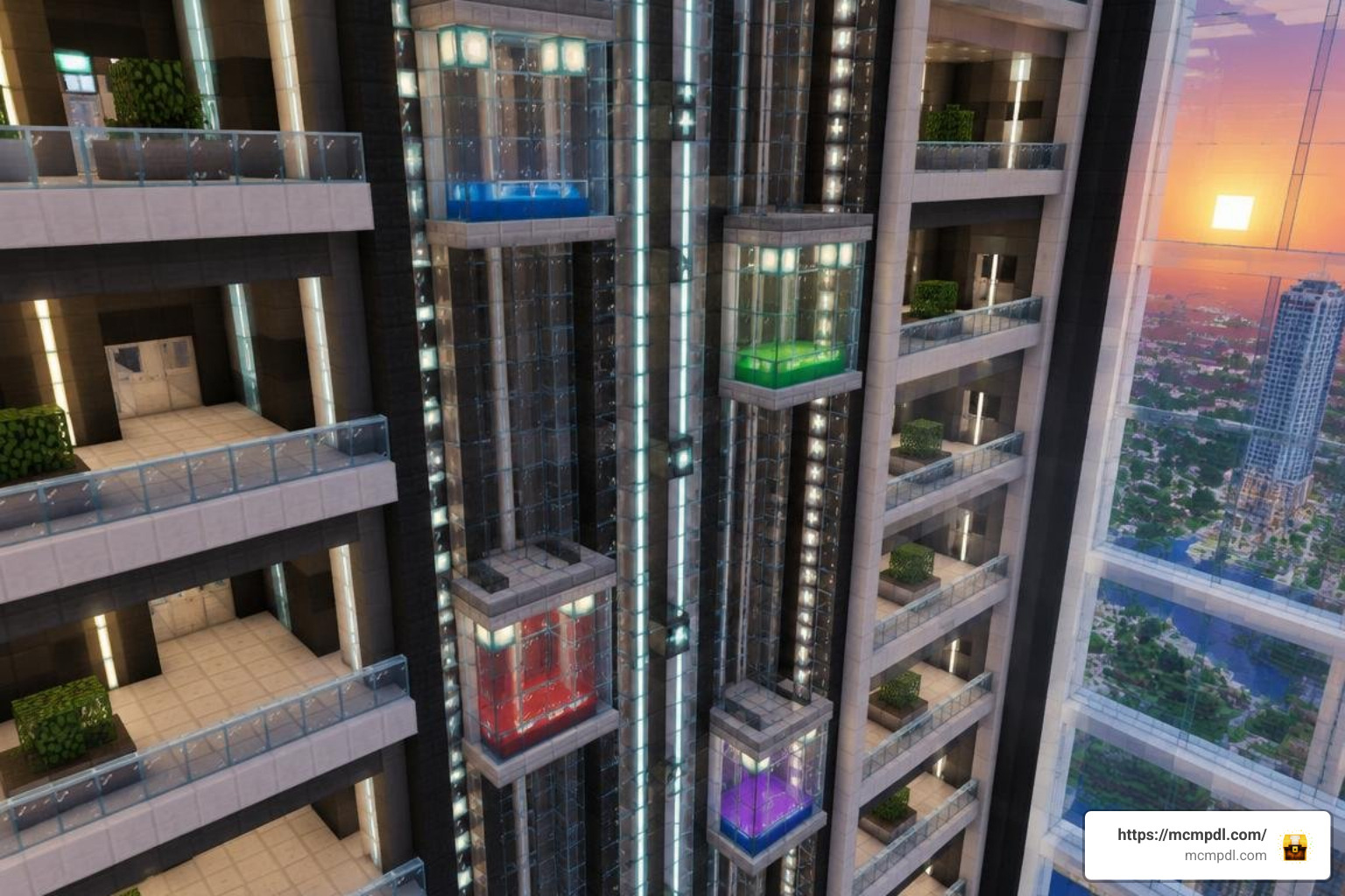 Multi-tiered modern elevator system in a skyscraper build Multi-tiered modern elevator system in a skyscraper build
