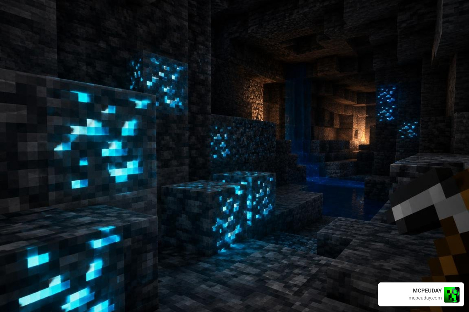 Glowing ore block outlines visible through deepslate terrain