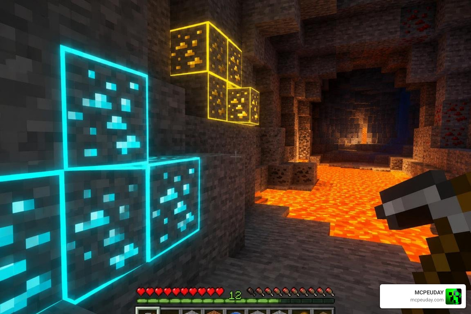 High FPS gameplay in a deep underground mine with active outline textures