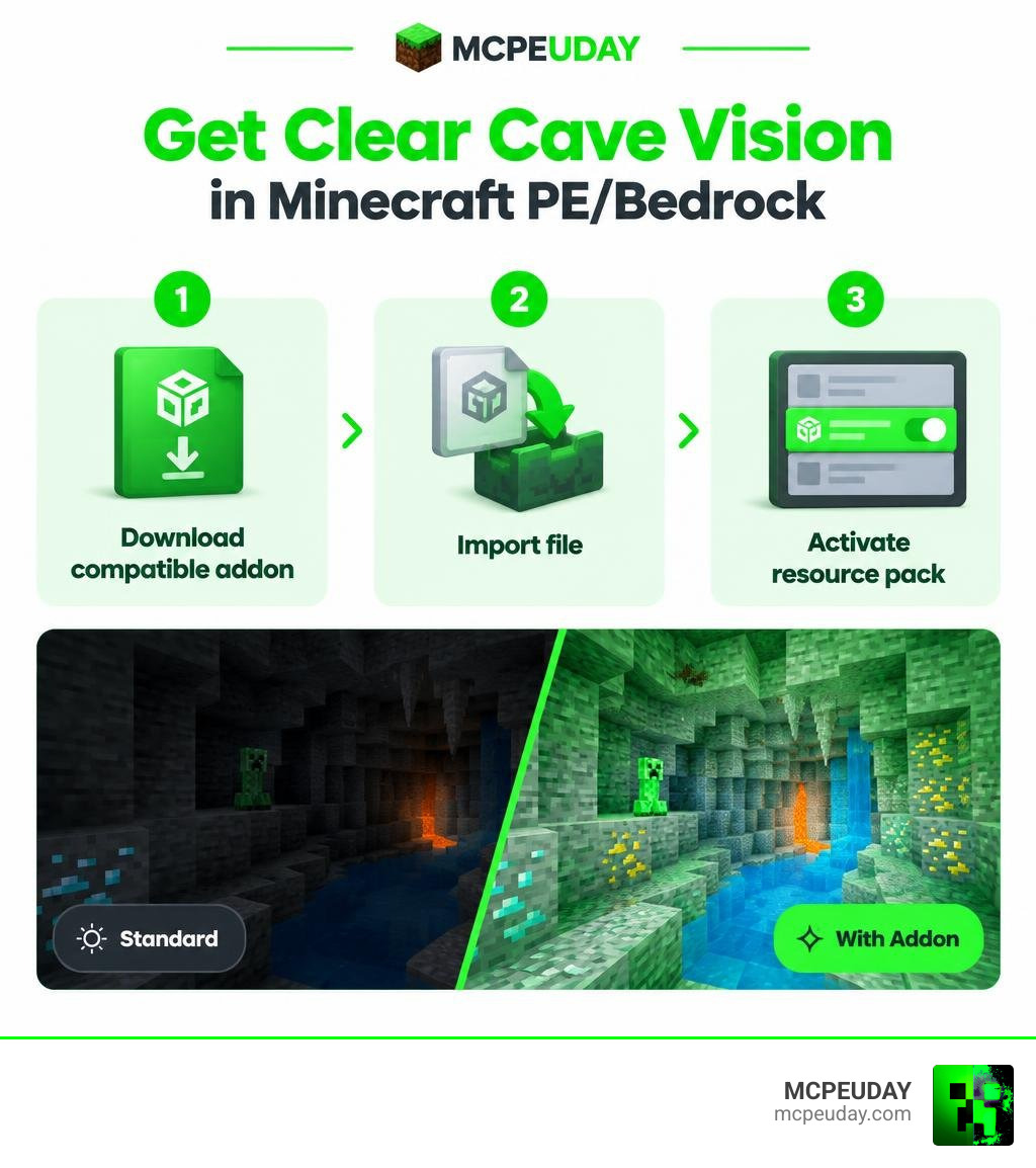 Three steps: download compatible addon, import file, activate resource pack infographic Three steps: download compatible addon, import file, activate resource pack infographic