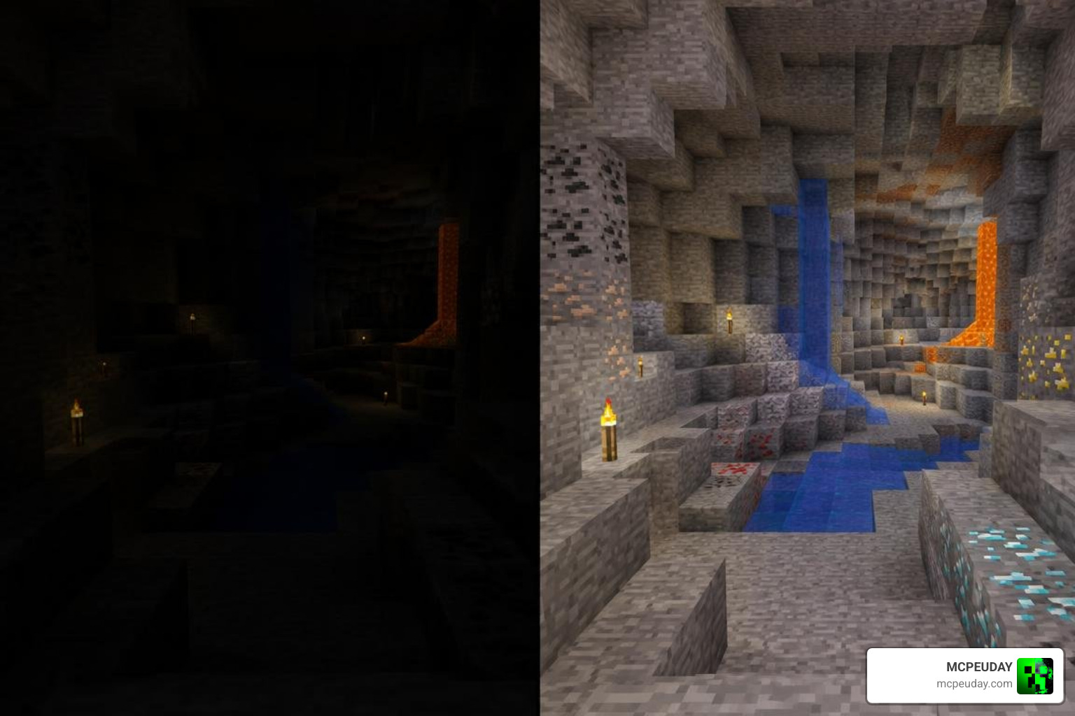 Split screen showing standard cave lighting versus addon full-bright view Split screen showing standard cave lighting versus addon full-bright view