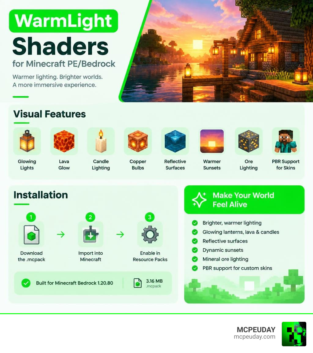 WarmLight shader installation and feature summary infographic