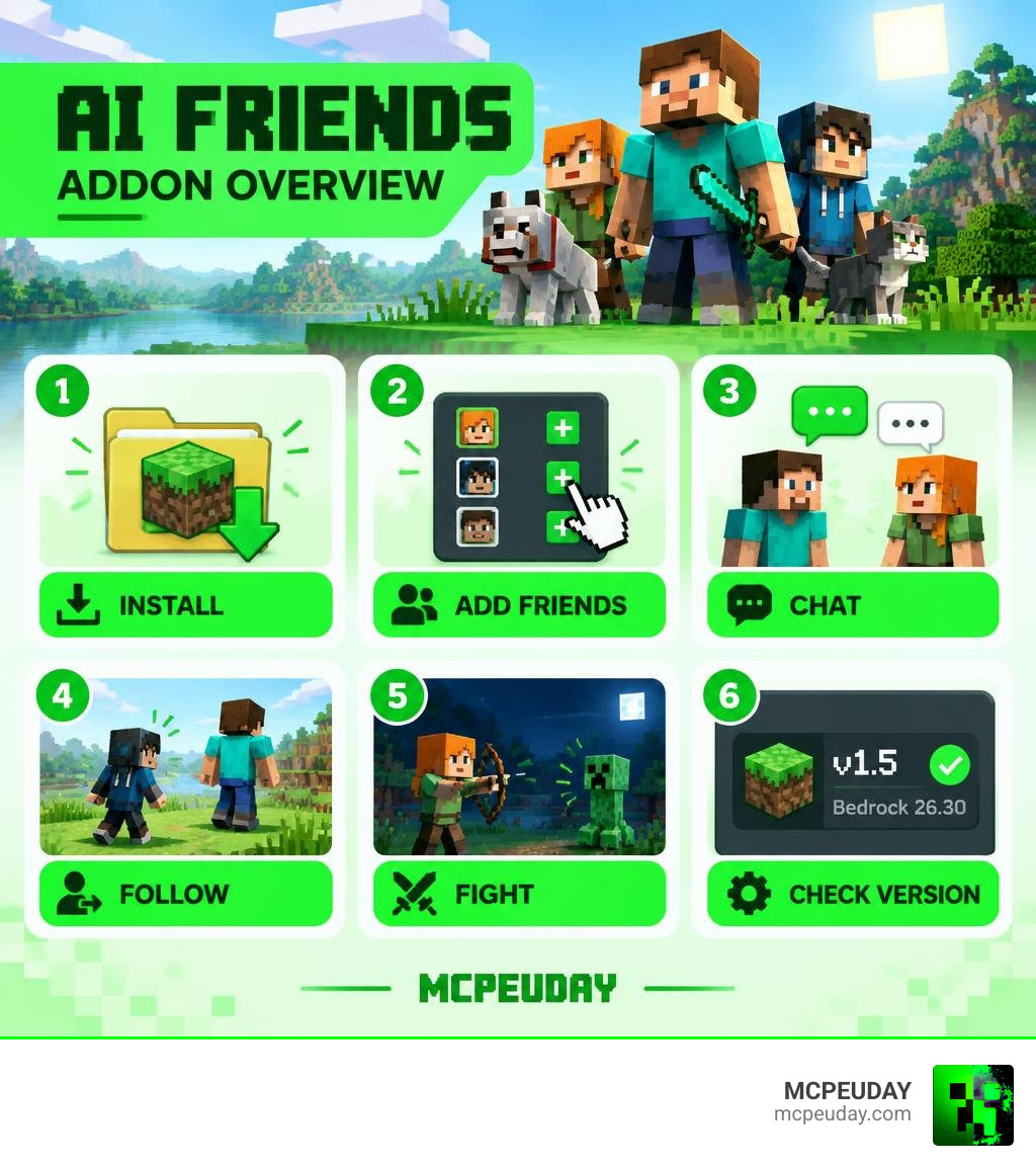 Ai Friends addon overview: install, add friends, chat, follow, fight, check version infographic Ai Friends addon overview: install, add friends, chat, follow, fight, check version infographic