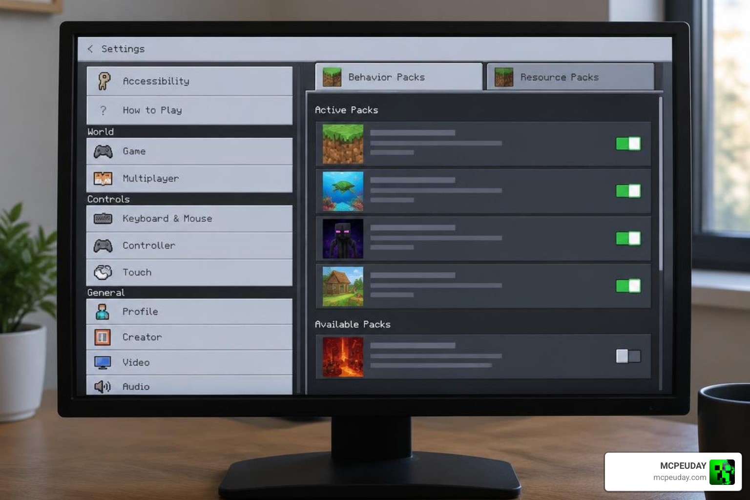Minecraft Bedrock settings interface showing active behavior and resource packs Minecraft Bedrock settings interface showing active behavior and resource packs