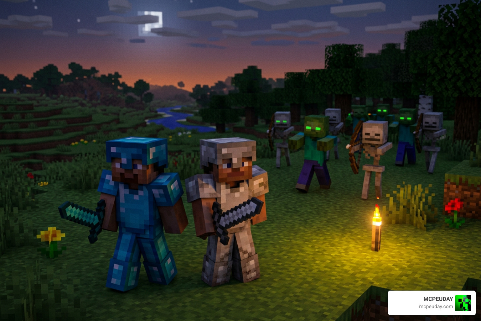 AI friend engaged in combat beside a player in a Minecraft survival world AI friend engaged in combat beside a player in a Minecraft survival world