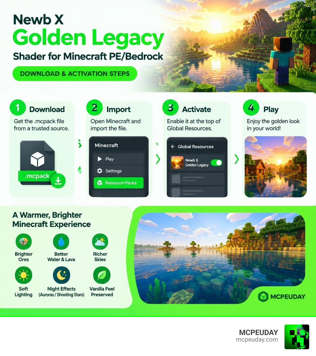 Newb X Golden Legacy download and activation steps infographic