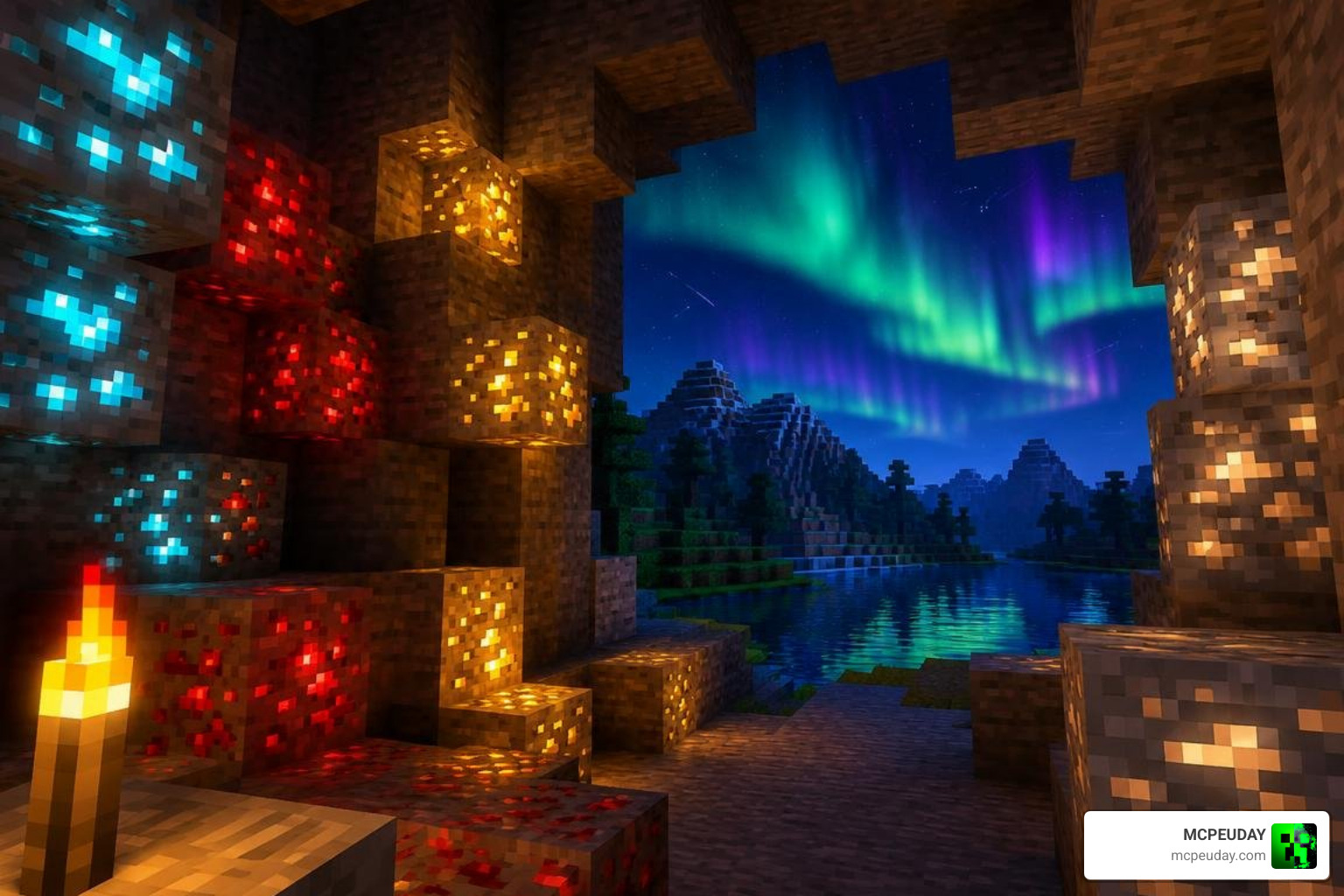 Glowing ores and aurora night sky in Minecraft PE
