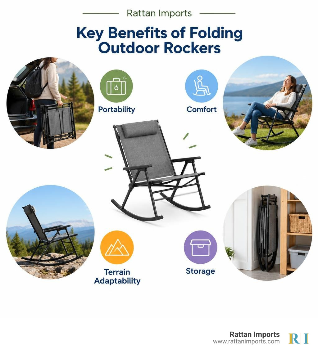 Key benefits of folding outdoor rockers: portability, comfort, terrain adaptability, and storage infographic Key benefits of folding outdoor rockers: portability, comfort, terrain adaptability, and storage infographic