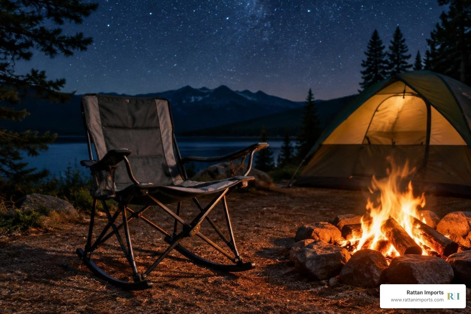 Portable outdoor rocking chair on a campsite by the fire Portable outdoor rocking chair on a campsite by the fire
