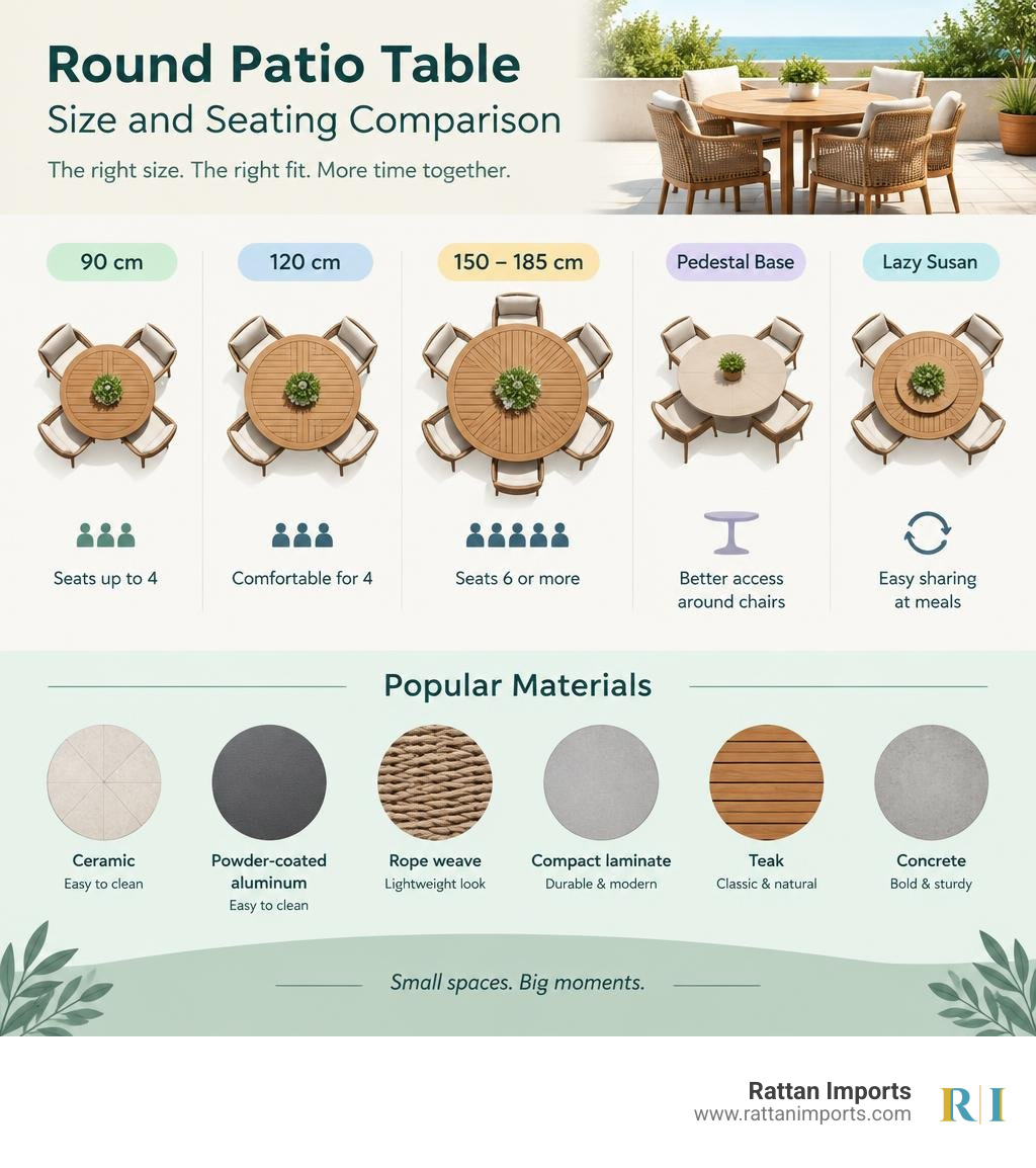 Round patio table size and seating comparison infographic Round patio table size and seating comparison infographic