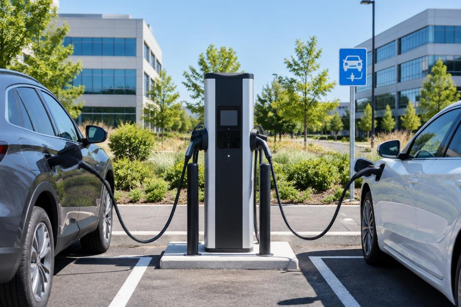 Commercial dual-port EV charging pedestal in an office parking lot Commercial dual-port EV charging pedestal in an office parking lot