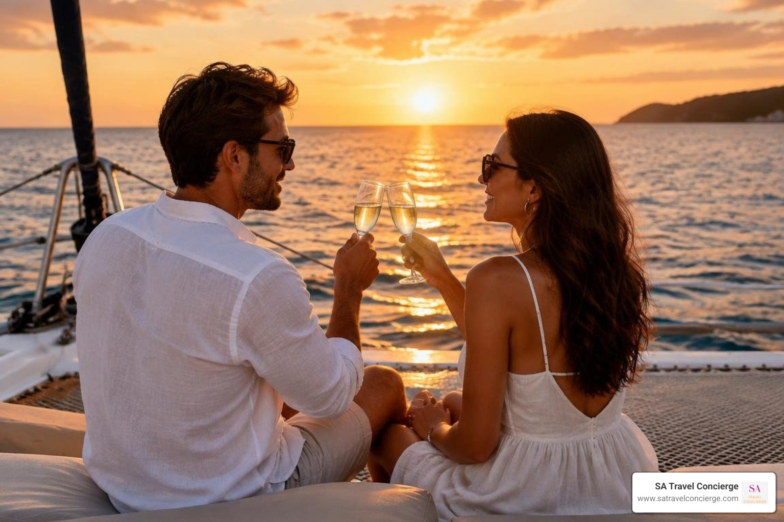 Couple toasting champagne on a private catamaran sunset cruise