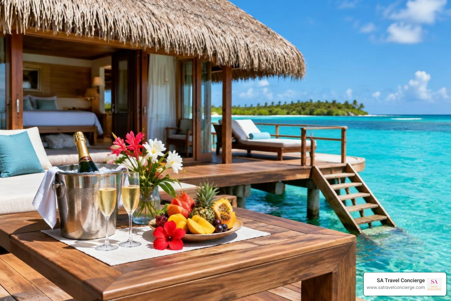 Luxury overwater bungalow with customized welcome amenities