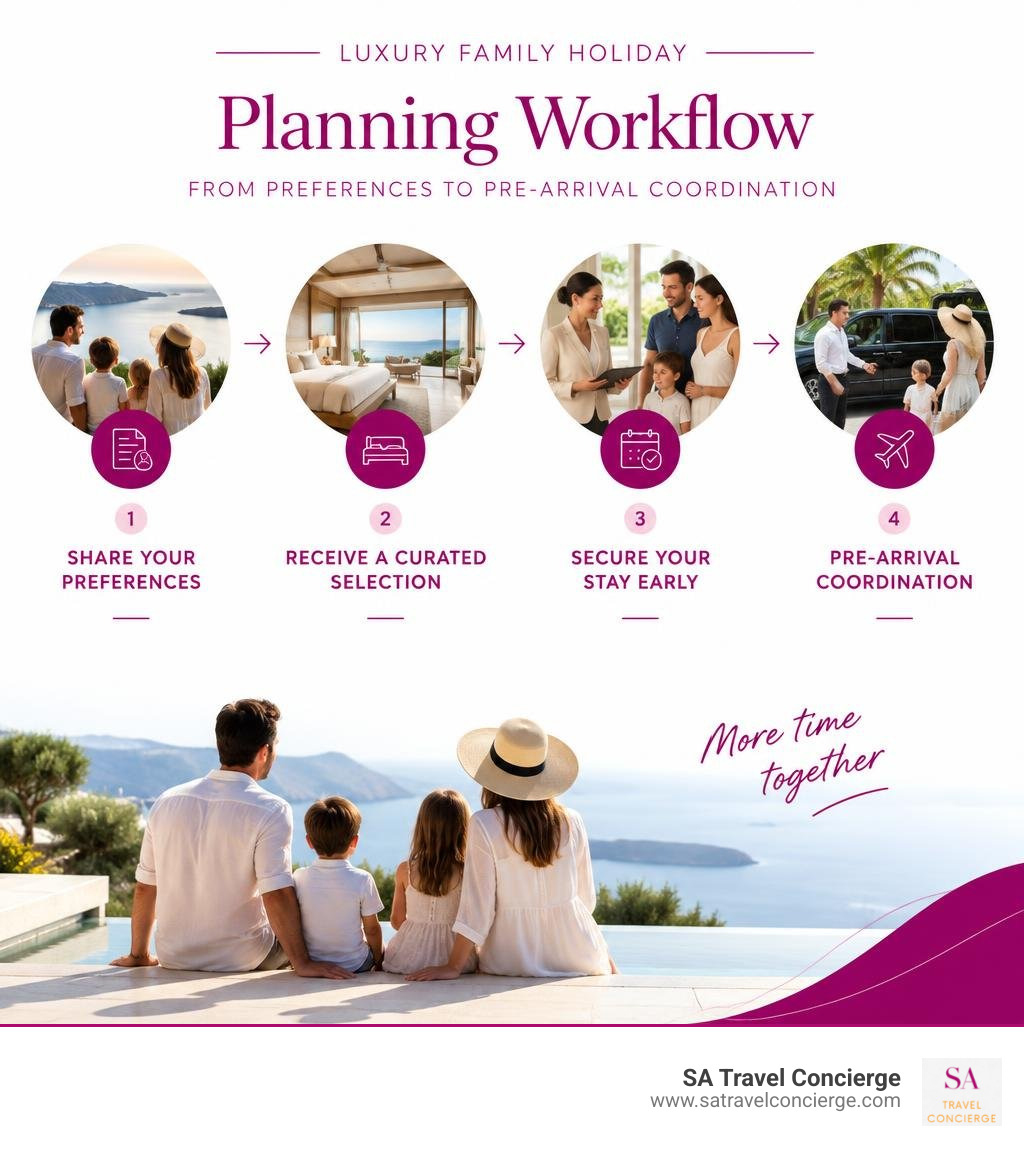 Luxury family holiday planning workflow from preferences to pre-arrival coordination infographic