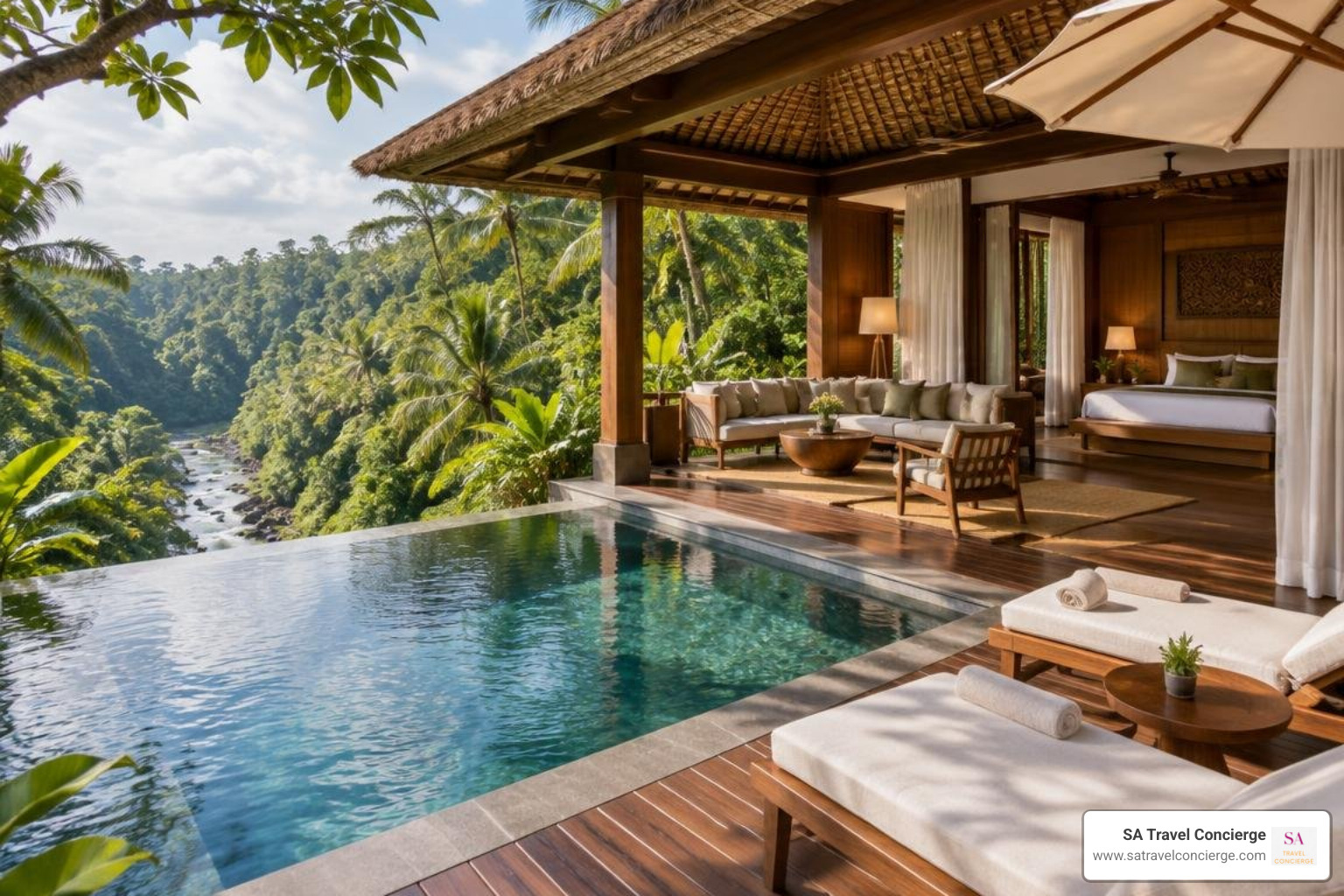 luxury jungle resort suite overlooking the Ayung River in Bali