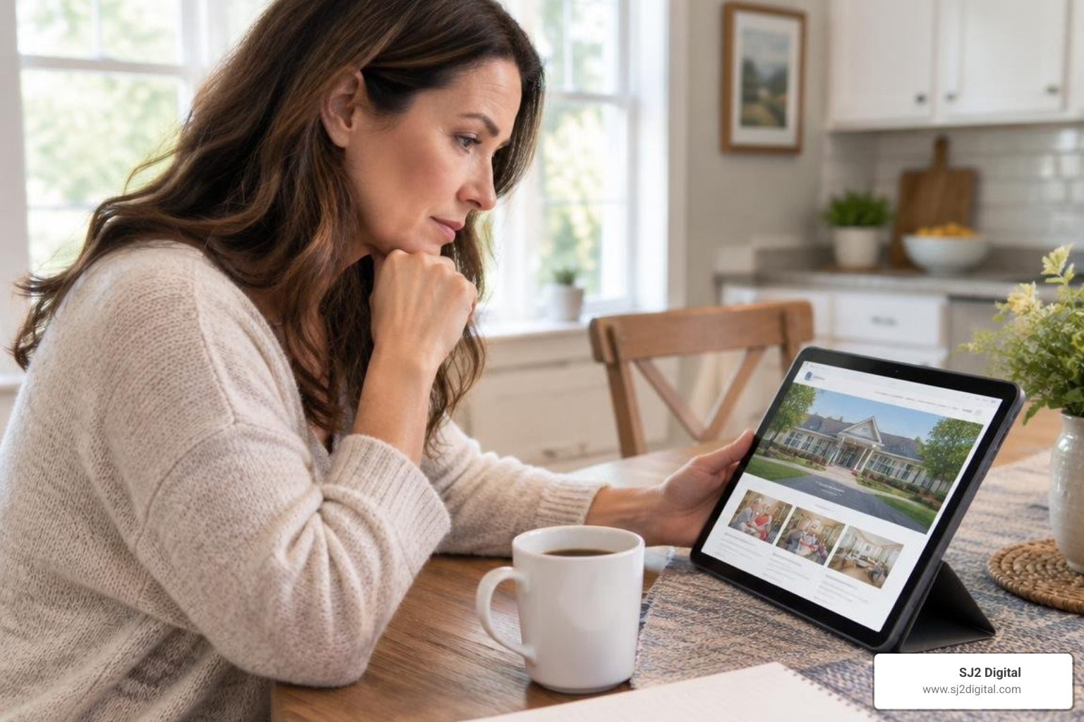 Adult child researching assisted living options on a tablet