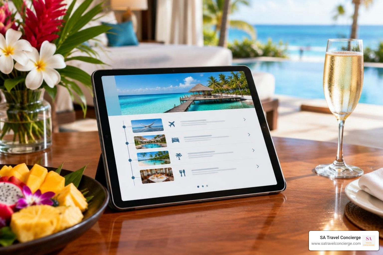 customized digital travel itinerary displayed alongside resort welcome amenities
