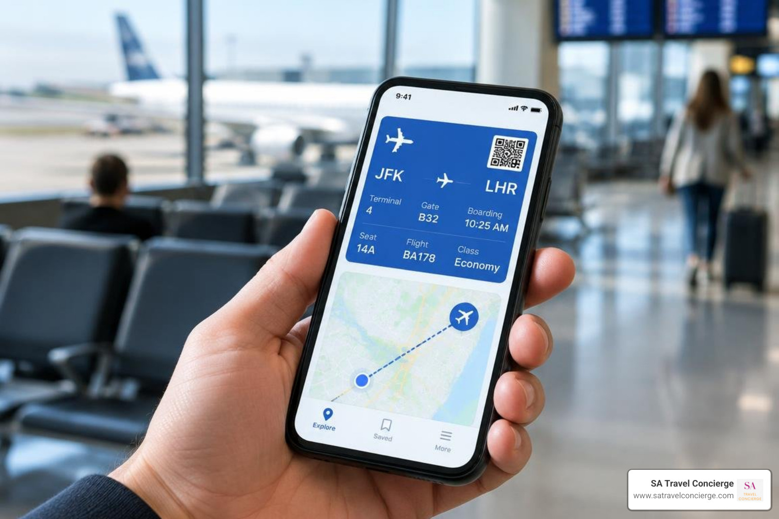 smartphone with digital boarding pass and travel connectivity setup