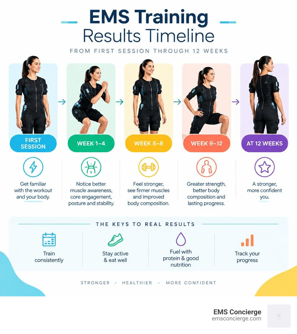 EMS results timeline from first session through 12 weeks infographic EMS results timeline from first session through 12 weeks infographic