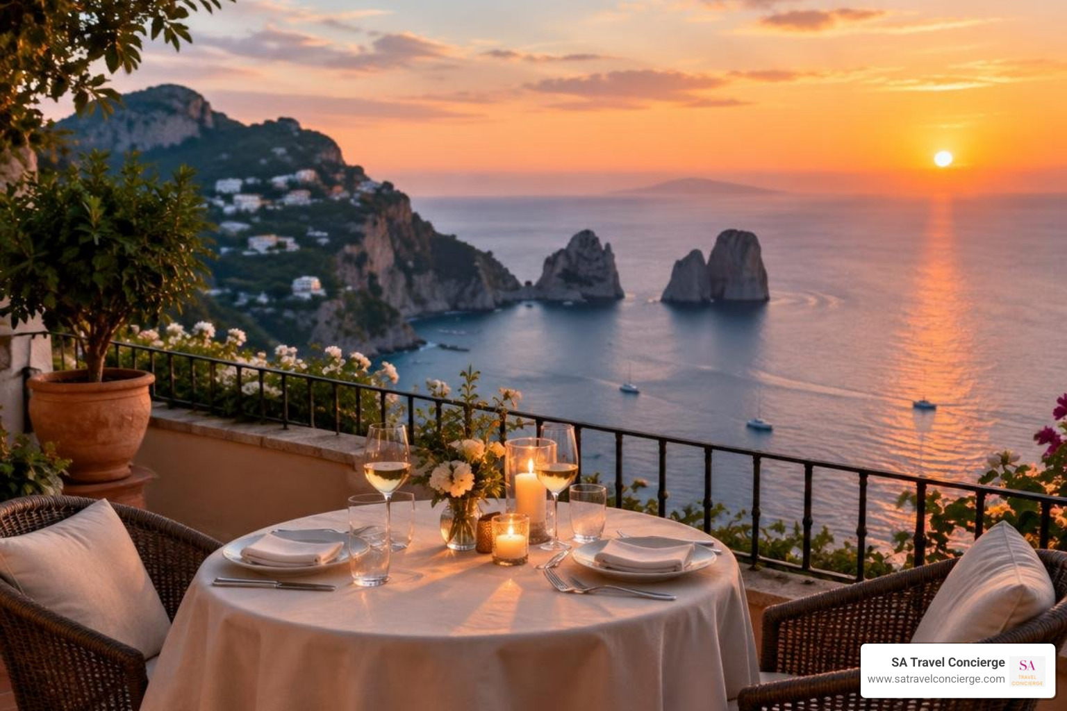 Elegant private terrace dinner overlooking Capri Elegant private terrace dinner overlooking Capri