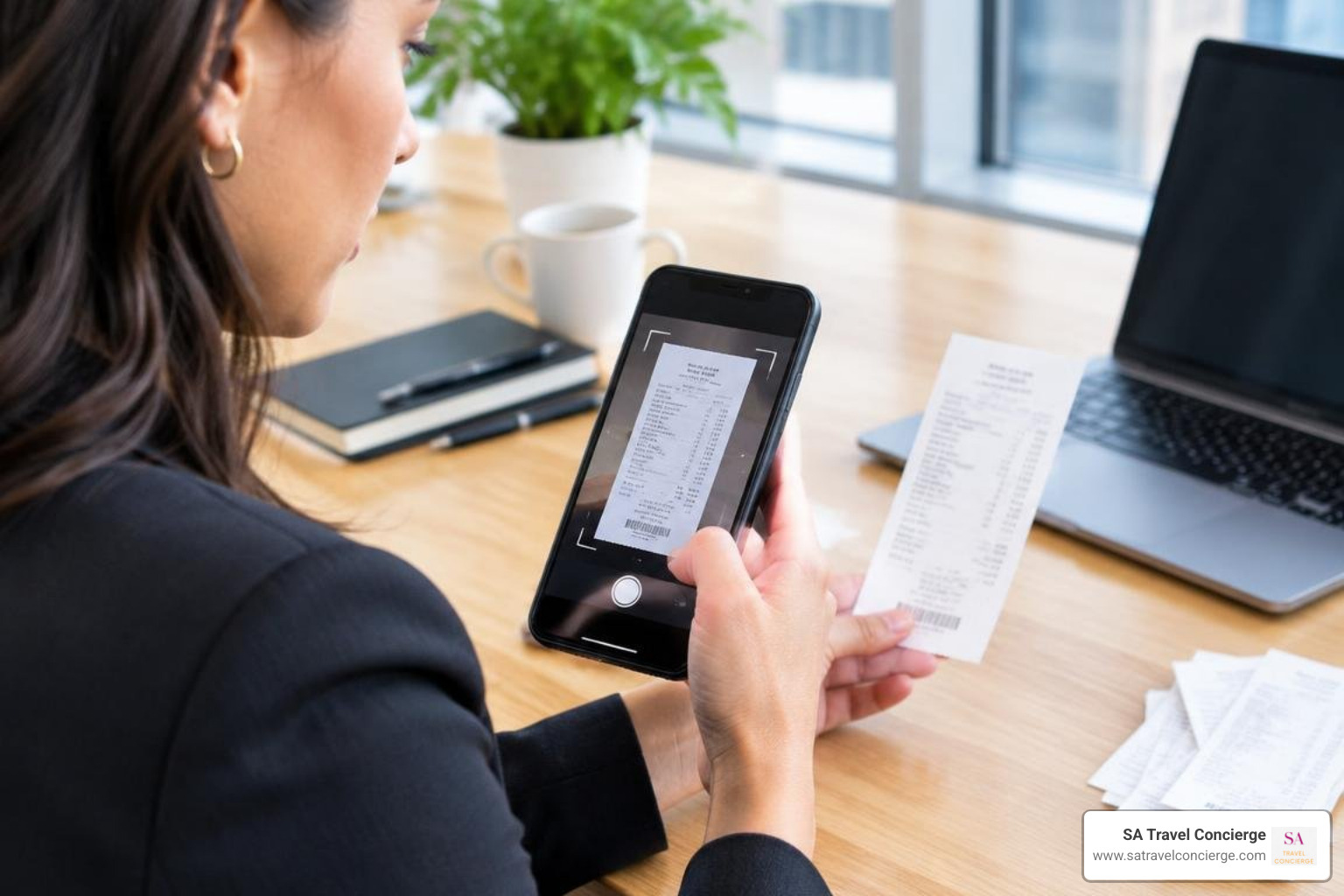 Executive using mobile smartphone app to scan business receipts Executive using mobile smartphone app to scan business receipts