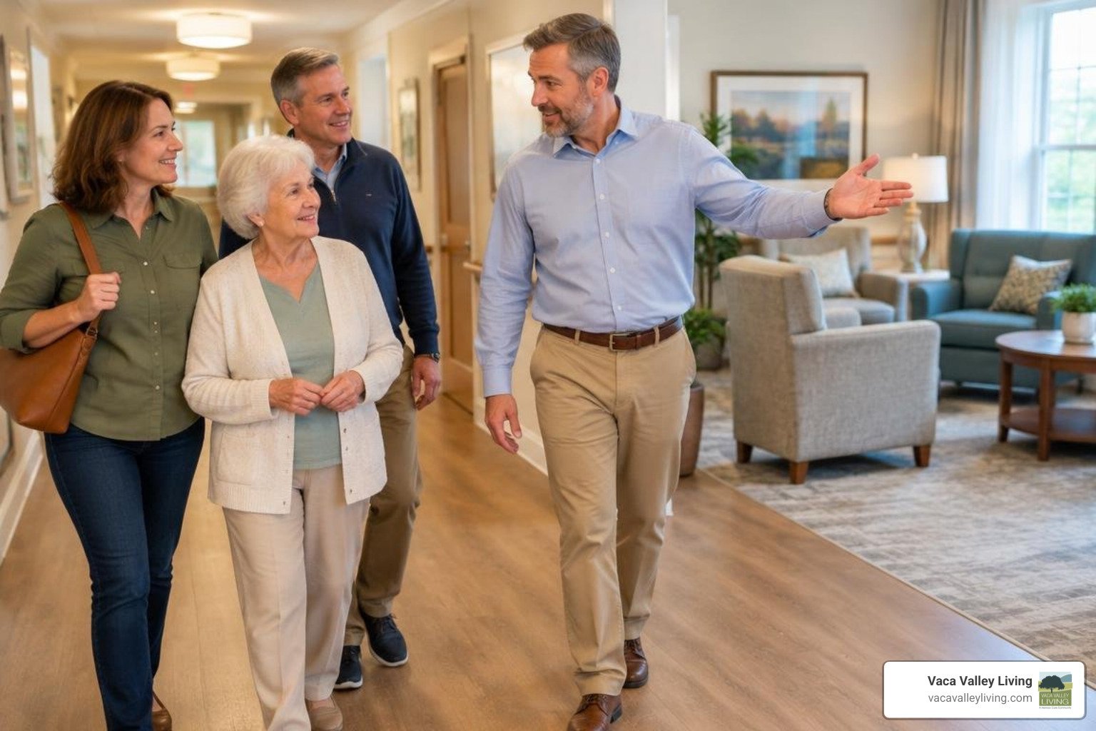 Senior living director touring a memory care wing with a family Senior living director touring a memory care wing with a family