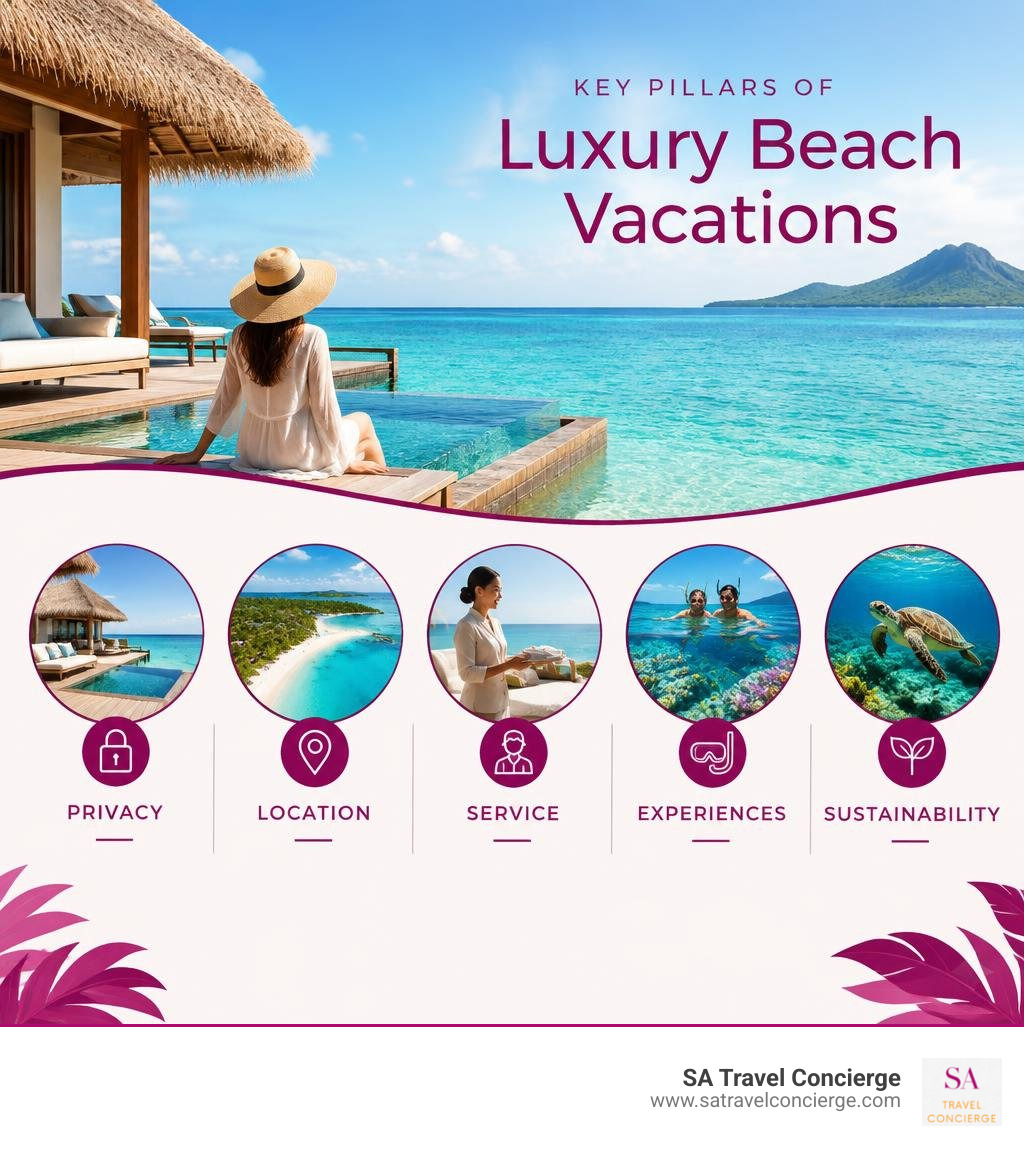 Key pillars of luxury beach vacations: privacy, location, service, experiences, and sustainability infographic
