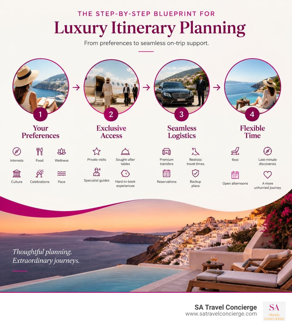 Luxury itinerary planning workflow from preferences to seamless on-trip support infographic Luxury itinerary planning workflow from preferences to seamless on-trip support infographic